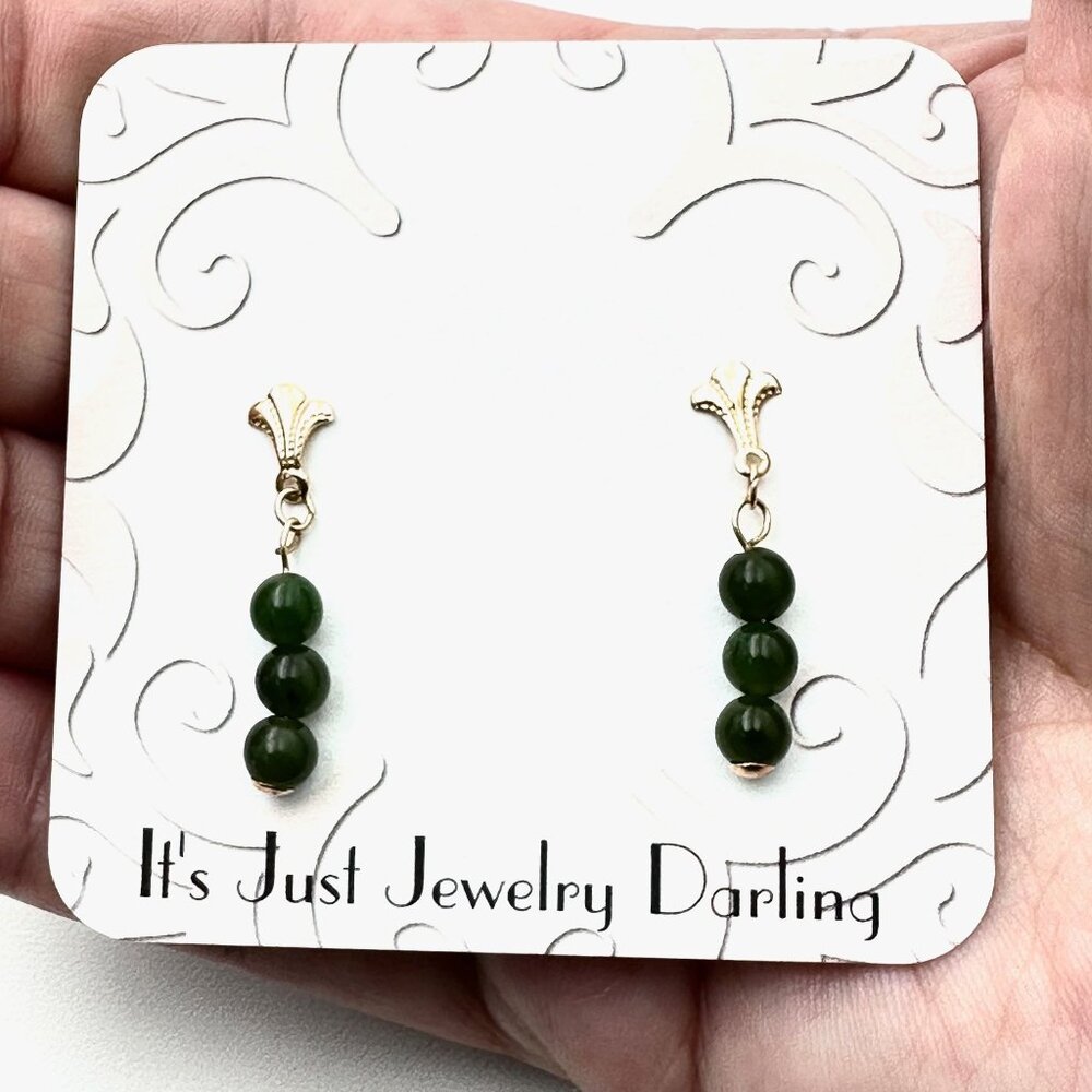14K Yellow Gold Womens Earrings Pierced Green Jade Bead Stud Gift Idea for Her